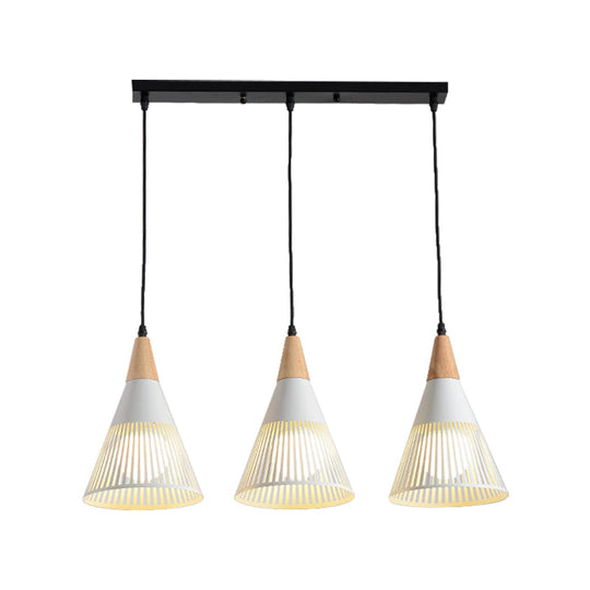 Nordic Cone Ceiling Light - 3 Head Metal And Wood Pendant Lighting With Wire Frame Linear/Round