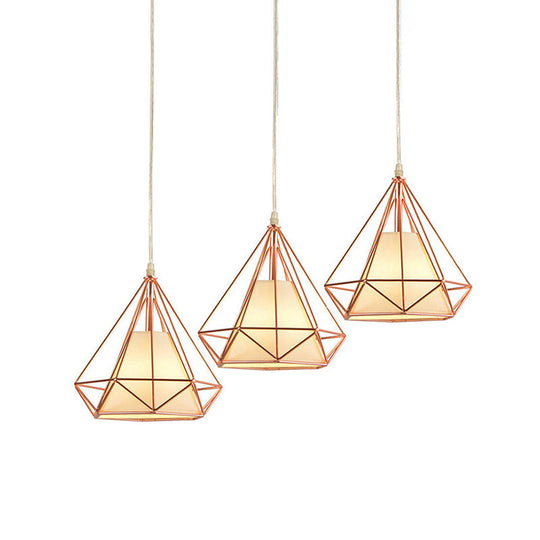 Rose Gold Wire Frame Pendant Lamp With Modern Style Design - 3 Bulbs Fabric And Metal Linear/Round