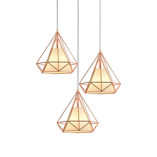 Modern Rose Gold Wire Frame Pendant Lamp With 3 Bulbs