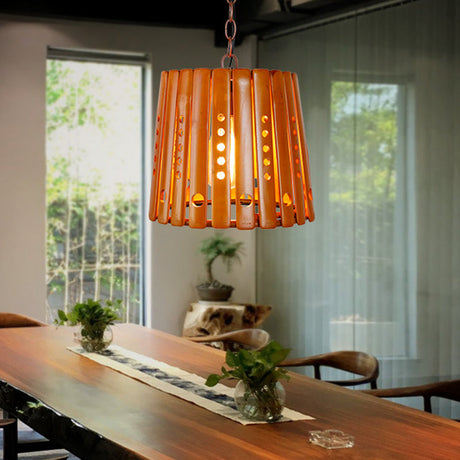 Modern Wood Barrel Pendant Light For Dining Room In Brown