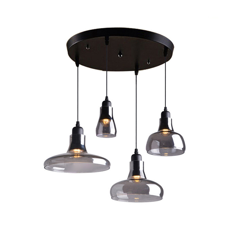 Modern Dining Room Hanging Ceiling Light - 4 Lights Round/Linear Canopy Multi Pendant With Smoked