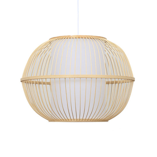 Handmade Asian Style Bamboo Hanging Light Fixture - 12/14 Width 1-Light Beige Suspended Lamp With