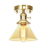 Industrial Brass Semi-Flush Light With Clear/Amber Glass For Living Room - One Cone Fixture