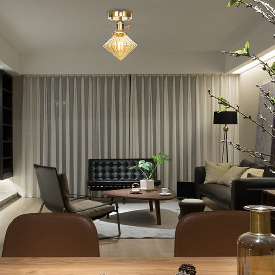 Industrially Styled Gem Shade Semi Flush Light For Living Rooms With Prismatic Glass And