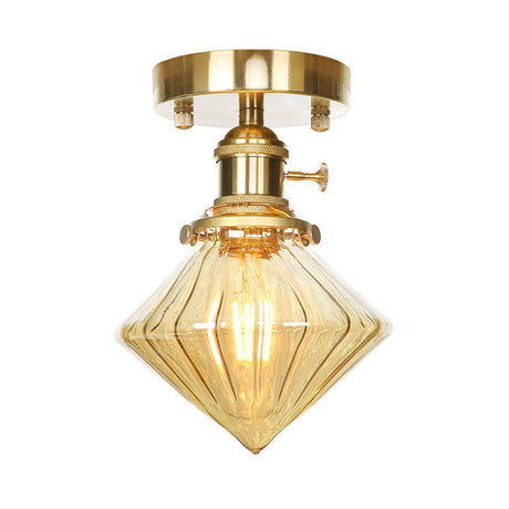 Industrially Styled Gem Shade Semi Flush Light For Living Rooms With Prismatic Glass And Clear/Amber