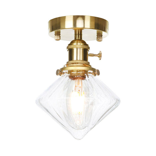 Industrially Styled Gem Shade Semi Flush Light For Living Rooms With Prismatic Glass And