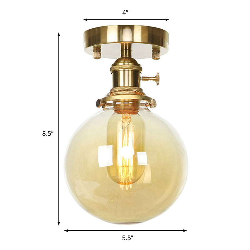 Farmhouse Brass Ceiling Light With Clear/Amber Glass Globe - Semi Flush Mount For Dining Room
