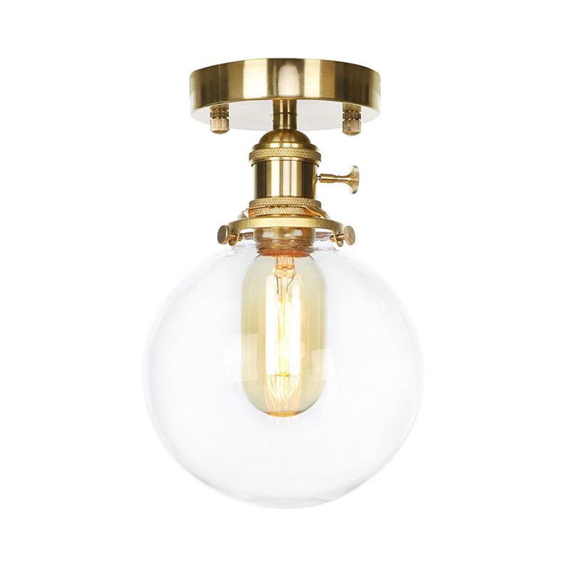 Farmhouse Brass Ceiling Light With Clear/Amber Glass Globe - Semi Flush Mount For Dining Room