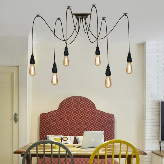 Industrial Swag Hanging Lamp With Exposed Lights - Black Metal Pendant Light For Kitchen (2/3/6
