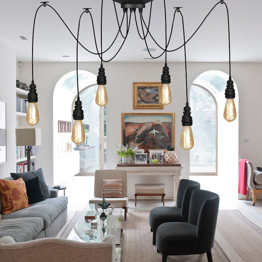 Industrial Swag Hanging Lamp With Exposed Lights - Black Metal Pendant Light For Kitchen (2/3/6