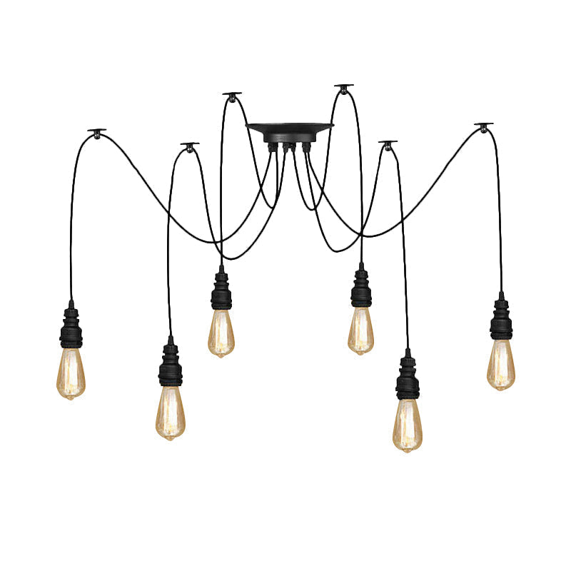 Industrial Swag Hanging Lamp With Exposed Lights - Black Metal Pendant Light For Kitchen (2/3/6