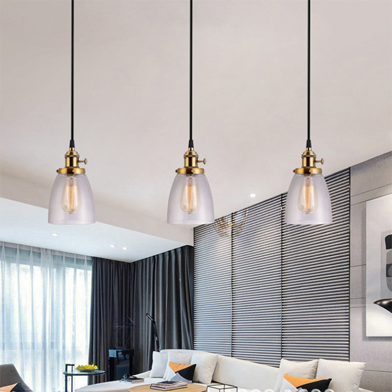 Industrial Aged Brass Dining Room Pendant Light Fixture With Tapered Clear Glass Shades - 3-Light