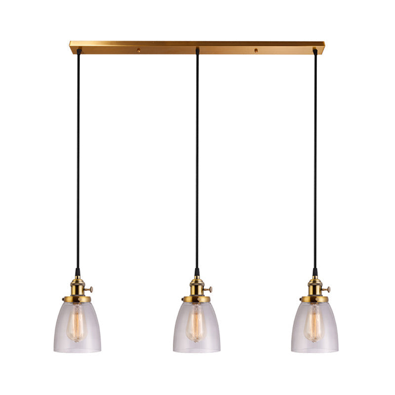 Industrial Aged Brass Dining Room Pendant Light Fixture With Tapered Clear Glass Shades - 3-Light
