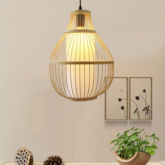 Lodge Style Bamboo Teardrop Hanging Lamp With Beige Paper Shade