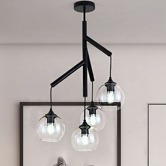 Contemporary Metal Branch Chandelier - 4-Light Black Pendant Lamp With Clear Glass Shade