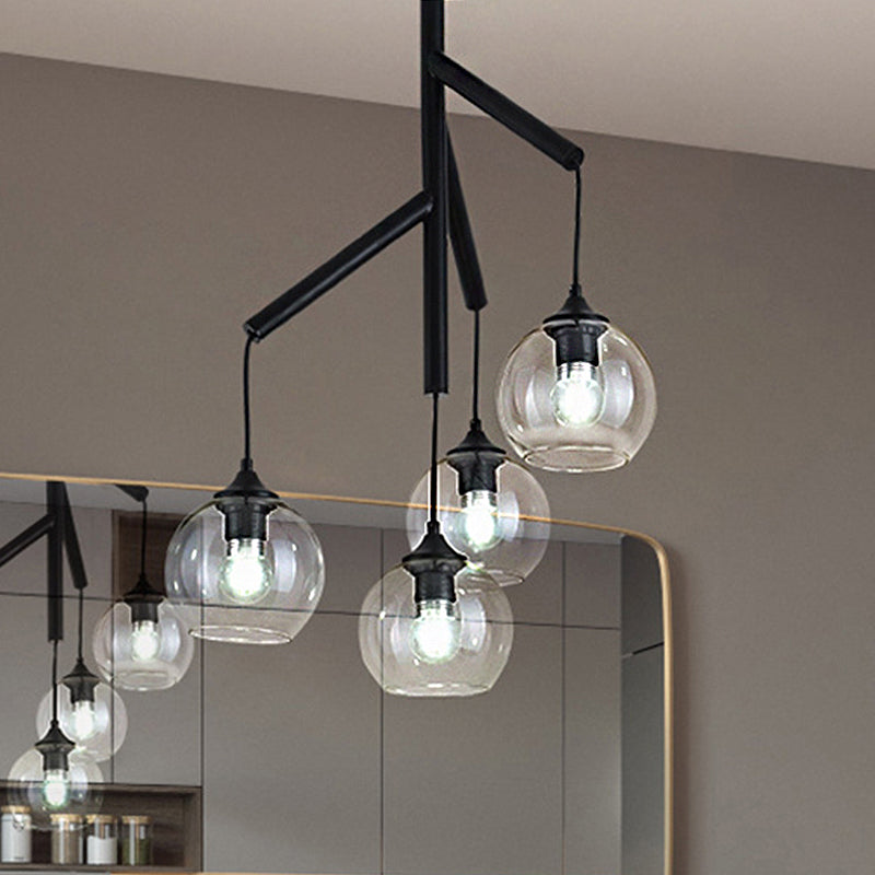 Contemporary 4-Light Metal Branch Chandelier: Black Hanging Pendant With Clear Glass Shade