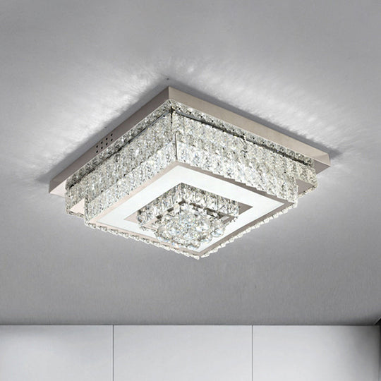 Contemporary Crystal Led Flush Mount Ceiling Light With Clear Drops For Bedroom / Square Plate