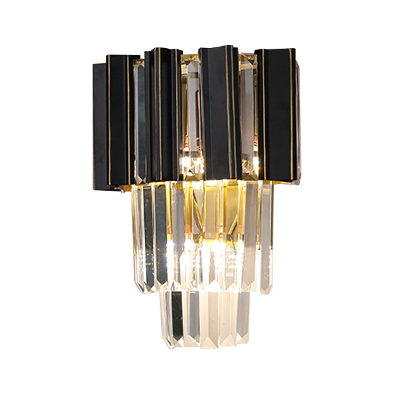 Contemporary Black Box Wall Lamp With 3 Clear Crystal Prisms & Tapered Bulbs