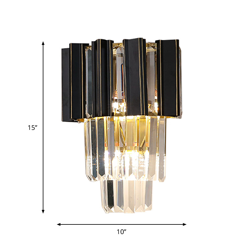 Contemporary Black Box Wall Lamp With 3 Clear Crystal Prisms & Tapered Bulbs