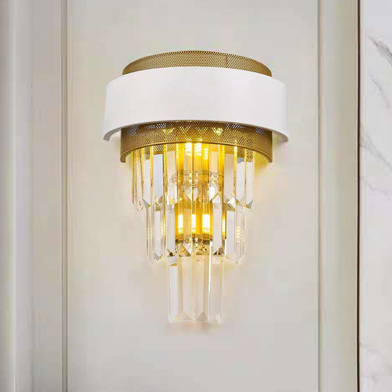 Modern White Square/Round Crystal Prisms Wall Sconce With Gold Mesh