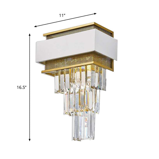 Modern White Square/Round Crystal Prisms Wall Sconce With Gold Mesh