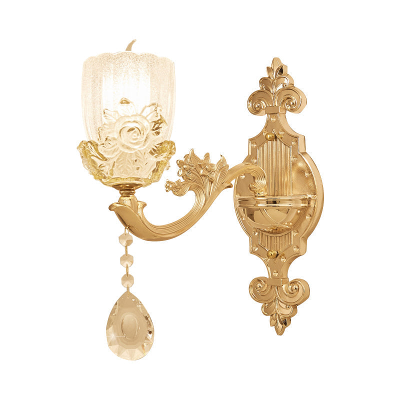 Clear Crystal Floral Shade Wall Lamp - Traditional Brass Sconce Light With Curvy Arm 1/2-Head