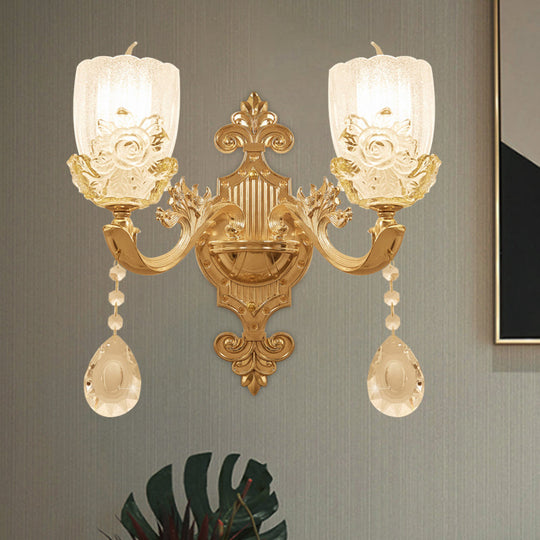 Clear Crystal Floral Shade Wall Lamp - Traditional Brass Sconce Light With Curvy Arm 1/2-Head