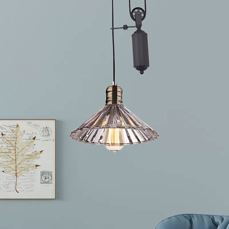 Farmhouse Pendant Light: Cone-Shaped Ribbed Glass Fixture In Bronze/Brass