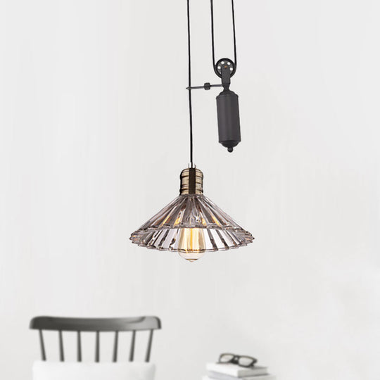 Farmhouse Pendant Light: Cone-Shaped Ribbed Glass Fixture In Bronze/Brass