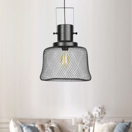 Industrial Mesh Cage Pendant Light - Black Metal Single Lamp For Living Room Hanging With Shade