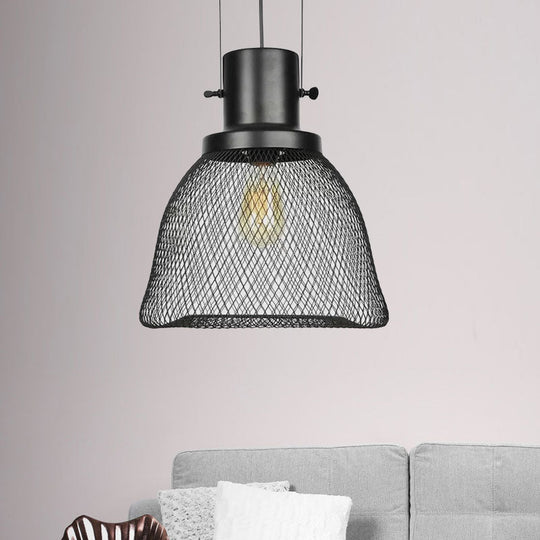 Industrial Metal Pendant Light - Mesh Cage 1-Light Black Shade Living Room Hanging Lamp
