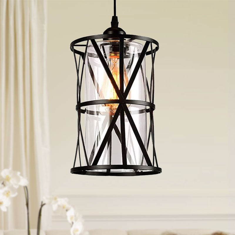 Cylinder Glass Pendant Light In Black With Industrial Iron Frame