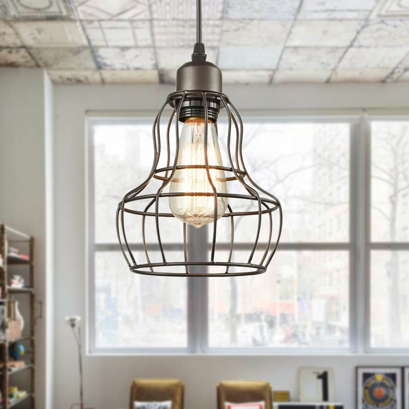 Industrial Bronze Wire Cage Pendant Lamp - 1 Light Hanging Fixture For Bedroom