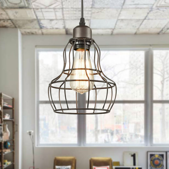 Industrial Bronze Wire Cage Pendant Lamp - 1 Light Hanging Fixture For Bedroom