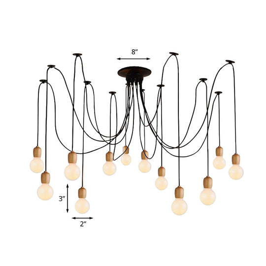 Industrial Wood Dining Room Pendant Lamp With Exposed Bulb And Swag Design