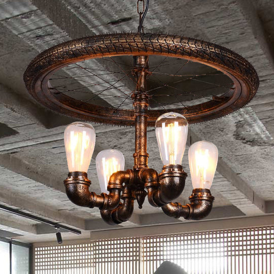 Vintage Metal Chandelier - 4 Lights Rust Pendant Light With Pipe Wheel Design For Living Room