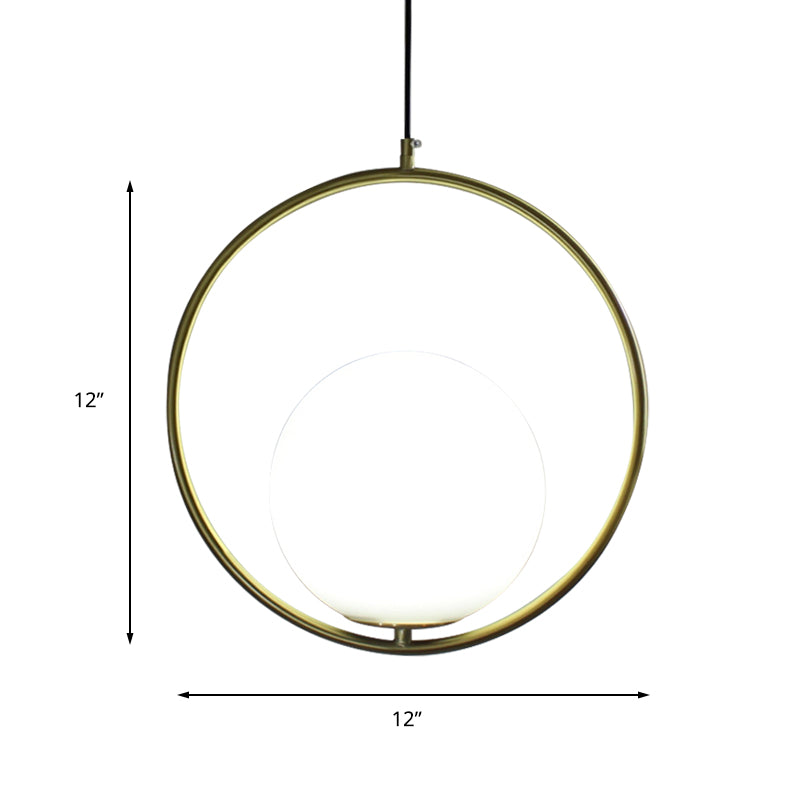 Retro Industrial Gold Suspension Light - Head Ring Pendant With Opal Glass Shade 12’/14’ Width
