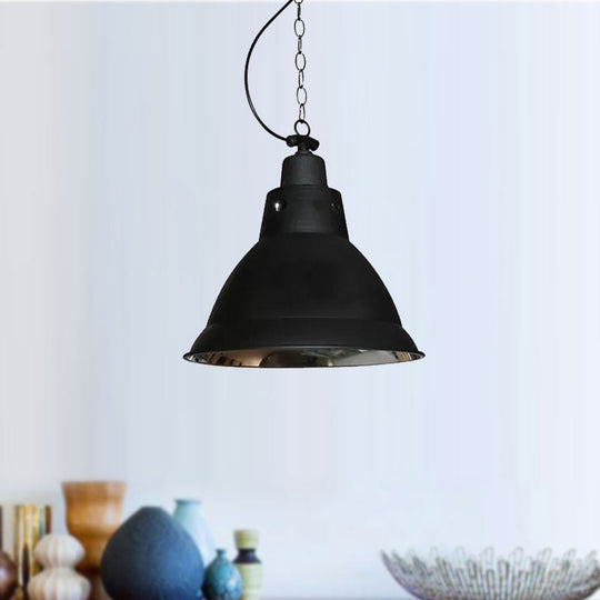 Farmhouse Black Metal Dome Pendant Light With Chain - 12’ W