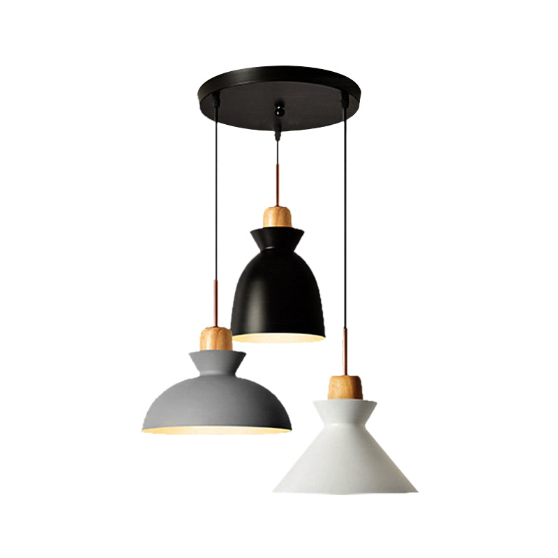 3-Bulb Pendant Light Fixture In Nordic Style: Metal & Wood Shade Indoor Ceiling Lighting Black