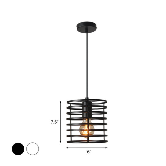 Retro Style Black/White Cylinder Cage Pendant Ceiling Lamp - Adjustable Height Indoor Metal Hanging