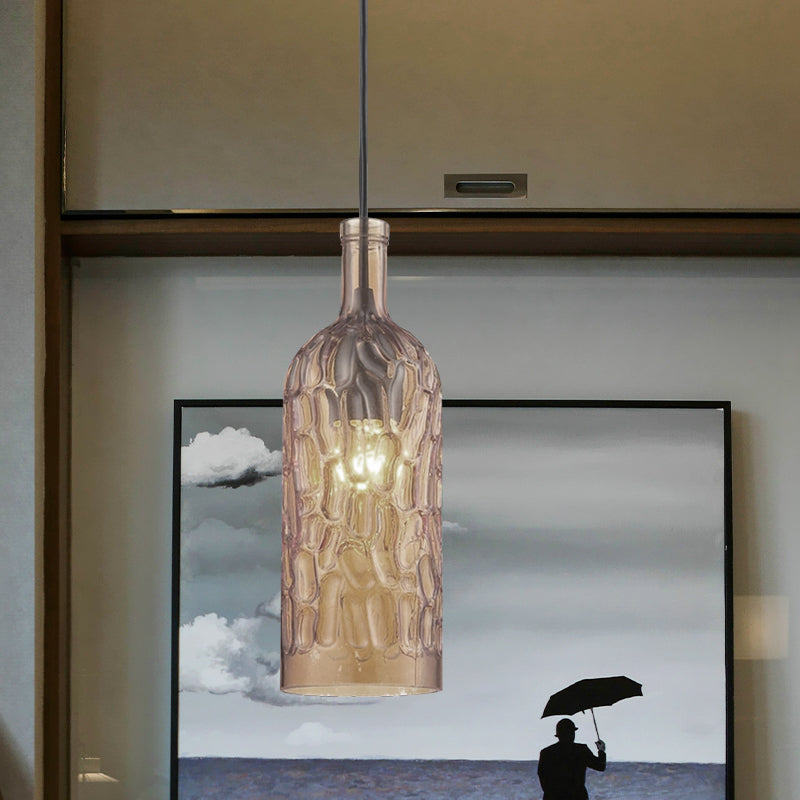 Vintage Yellow/Brown Glass Pendant Light With Dimpled Bottle Shade - 1-Light Fixture For Living Room
