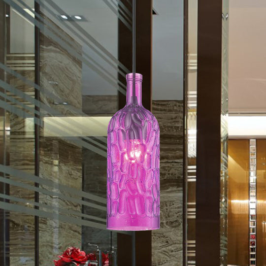 Vintage Yellow/Brown Glass Pendant Light With Dimpled Bottle Shade - 1-Light Fixture For Living Room