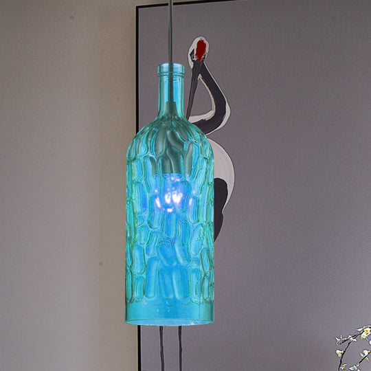 Vintage Yellow/Brown Glass Pendant Light With Dimpled Bottle Shade - 1-Light Fixture For Living