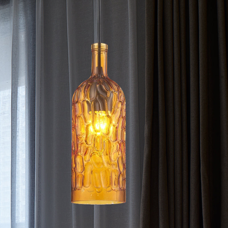 Vintage Yellow/Brown Glass Pendant Light With Dimpled Bottle Shade - 1-Light Fixture For Living