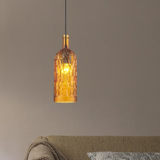 Vintage Yellow/Brown Glass Pendant Light With Dimpled Bottle Shade - 1-Light Fixture For Living Room