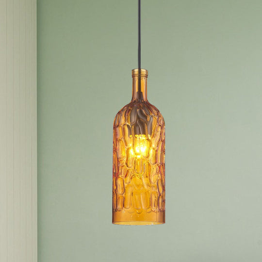 Vintage Yellow/Brown Glass Pendant Light With Dimpled Bottle Shade - 1-Light Fixture For Living Room