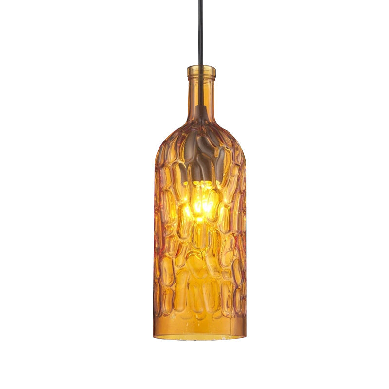 Vintage Yellow/Brown Glass Pendant Light With Dimpled Bottle Shade - 1-Light Fixture For Living Room