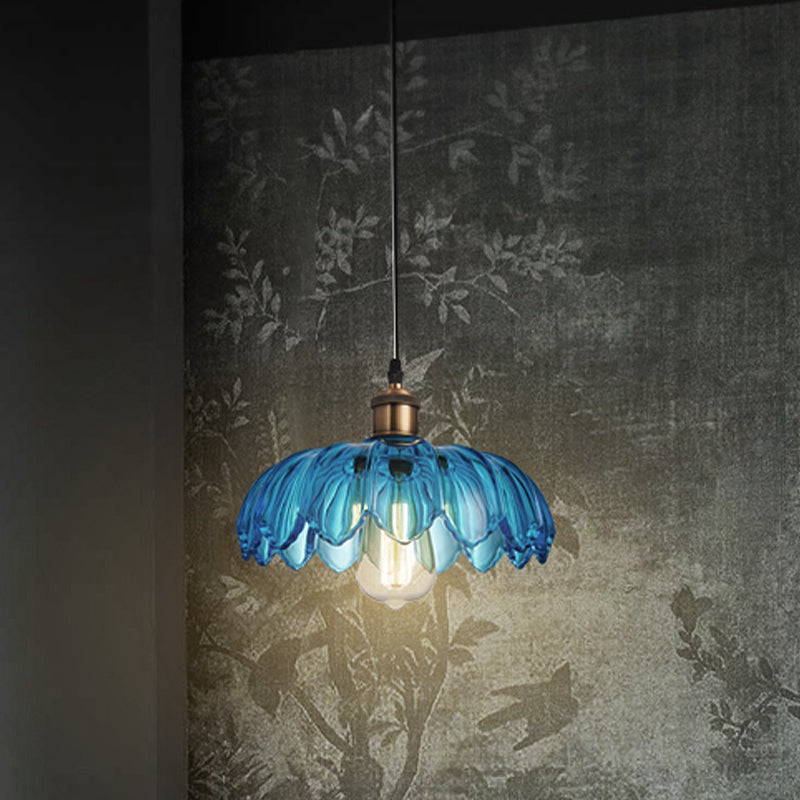 Industrial Scalloped Pendant Light - Blue Glass Hanging Lamp With Ribbed Cover Sizes: