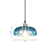 Industrial Scalloped Pendant Light: 8/10/12 Wide 1-Light Blue Glass Hanging Lamp In Brass With