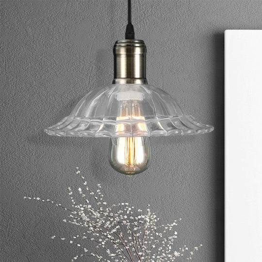 Hanging Ceiling Light With Scalloped Ribbed Glass Shade - Industrial Pendant Lighting For Living